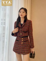 Sweet Women Spring Red Plaid Tweed Jacket Mini Skirt Two Piece Set Single Breasted Elegant Ladies Slim Fit Outfits Matching Sets 240426