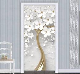 2020 S-adhesive Door Sticker 3D White Flowers Tree Wall Mural Wallpaper Waterproof Living Room Bedroom Door Stickers Home Deco6242493