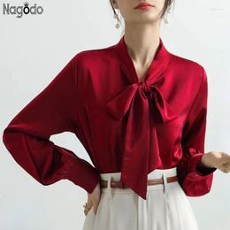 Women's Blouses Brand Quality Spring Summer Oversized Elegant Fashion Satin Silk Bow Shirt Office Lady Long Sleeve Femme Cardigan Tops