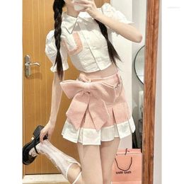 Work Dresses Sweet College Shirt Pleated Skirt Two-piece Set Women Bubble Sleeves Bow Splice Contrast Spicy Fashion Korean Slim Summer Suit