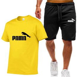 국경 간 남자 여름 짧은 슬리브 티셔츠 + 반바지 세트 인쇄 둥근 목 짧은 슬리브 캐주얼 스포츠 세트 재고