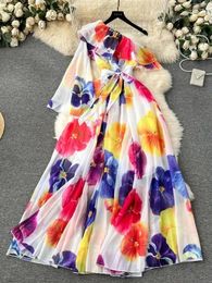 Casual Dresses 2024 Summer Ruffles One Shoulder Chiffon Holiday Dress Women's Bohemain Flare Sleeve Flower Print Lace Up Belt Maxi Robe