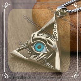 Retro All Seeing Eye Pendant Designer Necklace Punk Three-handed Embrace Triangle Evil Eye Necklace 14K White Gold Men Jewellery Gift 740