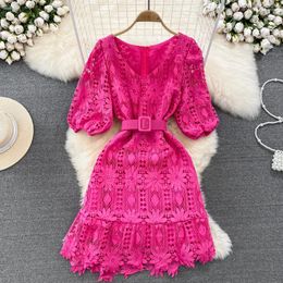 Party Dresses Vintage Summer V Neck Crochet Flower Lace Dress Fashion Women Rose Red Puff Sleeve Hollow Out Embroidery Belt Mini Vestidos