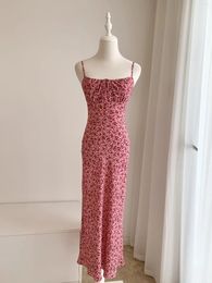 Casual Dresses Women Strapless Pink Flower Print Slim Fit Silk Sling Long Dress