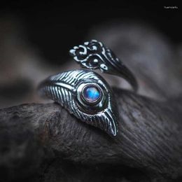 Cluster Rings Vintage Thai Silver Plated Demon Eye Feather For Women Blue Moonstone Inlay Retro Fashion Jewelry Party Gift Ring