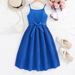 Girl Dresses 2024 Summer Solid Blue Suspenders Dress Belt Fashion Party Vacation Holiday Daily Casual Children's Clothing