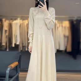 Casual Dresses Embroidered Wool Knit Dress Cashmere Skirt In Autumn And Winter French Long Over-the-knee Sweater