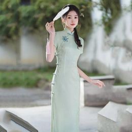 Ethnic Clothing 2024 Green Floral Traditional Cheongsam Women Vintage Long Dress Fashion Summer Improved Qipao S To XXXL