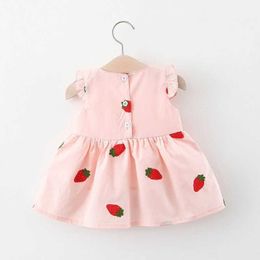 Girl's Dresses Summer girl dress baby girl covered in cartoon strberry embroidery little flying sleeve princess dress