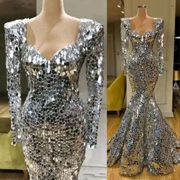 Sparkly Sequins Sier Mermaid Dresses Sleeves Arabic Evening Dress Dubai Long Elegant Women Formal Party Gala Gowns