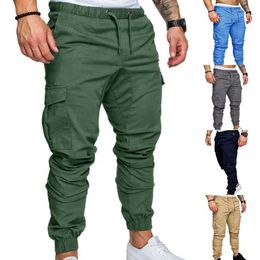 Men's Pants Waist pull ankle strap cargo pants casual solid Colour pockets mens pants mens clothingL2404