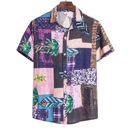 Camisa impressa de mangas curtas masculinas, estilo étnico, camisa de mangas curtas de verão