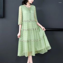 Party Dresses Women Green Silk Embroidery Polka Long Dress Summer Loose Waist Luxury Korean Fashion Casual Evening
