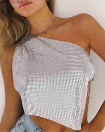 Women's Tanks Camis AKYZO-Nebula Top with Metal Chainmail Crystal Mesh Y2K Party Look Going Out Night Club Sequins Festival Wear Rave Outfit Cloth S d240427