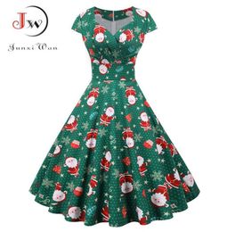 Casual Dresses Christmas Party Dress Women 2021 Short Sleeve V Neck Elegant Vintage Print Xmas Year Prom Sundress Plus Size 3XL Ro3653343