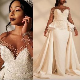African Mermaid Wedding Dresses Detachable Train Long Sleeve Bridal Gowns Pearls Neaded Plus Size Garden Country Wedding Dress