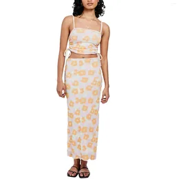 Work Dresses Summer Women's Beach Style Skirt Set Flower Print Drawstring Camisole With Long Slit Female Holiday 2 Piece Outfit