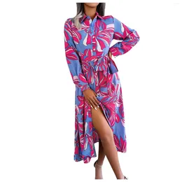 Casual Dresses Women Beach Contrasting Colour Long Sleeve Flower Lapel Tie Dress Fashionable And Simple Women'S Clothing For Female