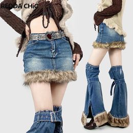 REDDACHiC Original Fluffy Leg Warmers Mini Skirt Women 2-piece Set 90s Retro Stitch Faux Fur Trim Grayu Y2k Denim Suit Workwear 240425