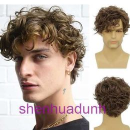 2023 Tongcan Mens Wig Diagonal bangs brown short curly hair synthetic fiber wig