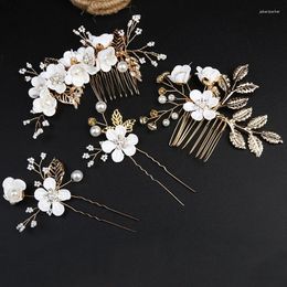 Hair Clips Pearl Headpieces Flower Leaf Combs Pins Gold Colour Bridal Rhinestone Hairpins Headdress Wedding Accessories Jewellery