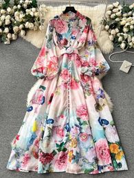 Casual Dresses 2024 Holiday Gorgeous Flower Party Dress Women's Stand Long Sleeve Single Breasted Floral Print Belt Linen Maxi Robe Vestidos