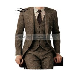 Jackets Brown Tweed Men Suits 3 Pieces Formal Business Suit Set Custom GentleMens Groom Wedding Dress Blazer Suits(Jacket+Pants+Vest)