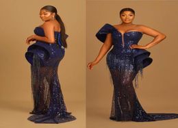 2022 Plus Size Arabic Aso Ebi Navy Blue Mermaid Prom Dresses Stylish Sequined Lace Evening Formal Party Second Reception Birthday 2635710