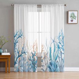 Curtain Summer Marine Coral Gradient Blue Tulle Sheer Window Curtains For Living Room Kitchen Children Bedroom Voile Hanging