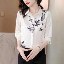 Vintage Plum Blossom Print Womens Ladies Top Shirt Blouse Collar Button Front Long Sleeve Casual Party OL Office Vacation Workwears Spring Summer Fall Dropshipping