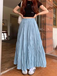 Skirts Solid Color Pleated Long Skirt Women Spring Summer Elastic High Waisted Party Beach Large Swing Floor-Length
