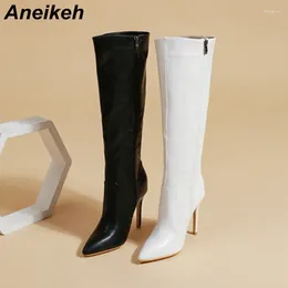 Boots Aneikeh Women's Fashion Elegant Pointed Thin Heel Knee High Long Boots2024 Spring/Autumn PU Panel Side Zipper Western35-42