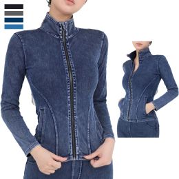 Jackets Women Yoga Jacket Stretch Denim Coat Fitness Workout Sports Casual Full Zipper Gym Top Slim Fit Long Sleeve Women Sweatshirt