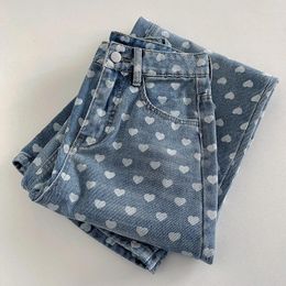 Women's Jeans Vintage Women Hearts Print High Waist Soft Straight Casual Denim Pants Female Summer Versatile Blue Trouser