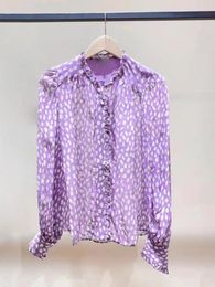 Casual Dresses 2024 Ladies Lantern Sleeve Lace-Up Robe Or Blouse Elegant Women's Purple Mini Dress Polka Dot Printed Ruffle Trim Shirt