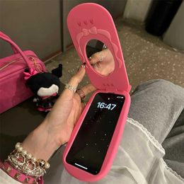 Cell Phone Cases Japan South Korea INS Cute 3D Hot Pink Bow Phone Case Flip Mirror Silicone Case Suitable for iPhone 15 14 Pro 13 12 Pro Max 11 Soft Cover J240426