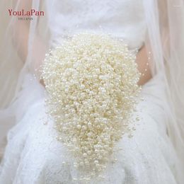 Wedding Flowers YouLaPan F24 Luxury Flower Bouquet Handmade White Ivory Bride Holding Pearl Bridal Decorate