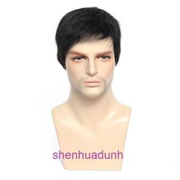 Mens wig real hair black short oblique bangs human mechanism headwear mens