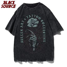 Punk Distressed T Shirt Hip Hop Rose Skull Hand Print Gothic Rock T-Shirt Men Harajuku Vintage Casual Short Sleeve Tshirt 240425