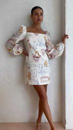 Basic Casual Dresses Designer Dress Fashion Personalised Print Off Shoulder Bubble Sleeves Slim Fit Dress for Women