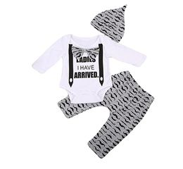 2017 Mikrdoo Newborn Toddler Baby Kids Boys Ladies I Have Arrived Romper Bowknot Tops Pants Hat 3pcs Suits Cotton Outfits Casual H8325952