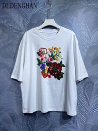 Women's T Shirts DLDENGHAN Summer Cotton Tees Women O-Neck Short Sleeve Beading Sequin Floral Print High Street T-Shirt Fashion Designer