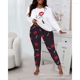 Women's Sleepwear Elegant Long Sleeve Print Shirt Pants Two Piece Set Loungewear Pyjamas Underwear Plus Size Women Homewear Outfits