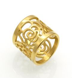 Fashion Gold Silver Jewelry Stainless steel women hollow flower band party ring full size1488987