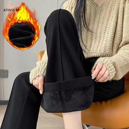 Women's Pants ATHVOTAR Winter Warm Flared Women High Waisted Wide Leg Velvet Straight Outer Wear Thermal