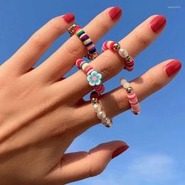 Cluster Rings 5pcs Bohemian Handmade Colourful Flower Beaded For Women Elastic Cute Korean Clay Beads Imitation Pearls Jewellery