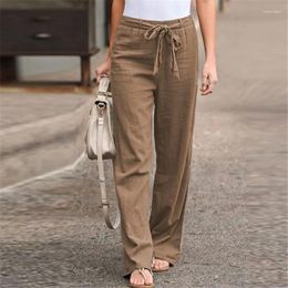 Women's Pants Fashion Lace Up Cotton Linen Wide Leg Women Summer Loose High Waist Straight Retro Solid Streetwear Casual Trousers