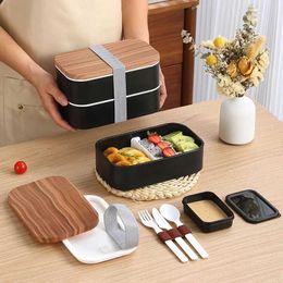 Bento Boxes 800/1600ml plastic Japanese bento box with wood grain cover large capacity portable microwave lunch suitable for adult students Q240427