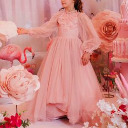 Girl Dresses Pink Tulle A-Line Flower Dress High Neck Lantern Long Sleeves With Flowers And Crystal Children Gowns For Wedding Party